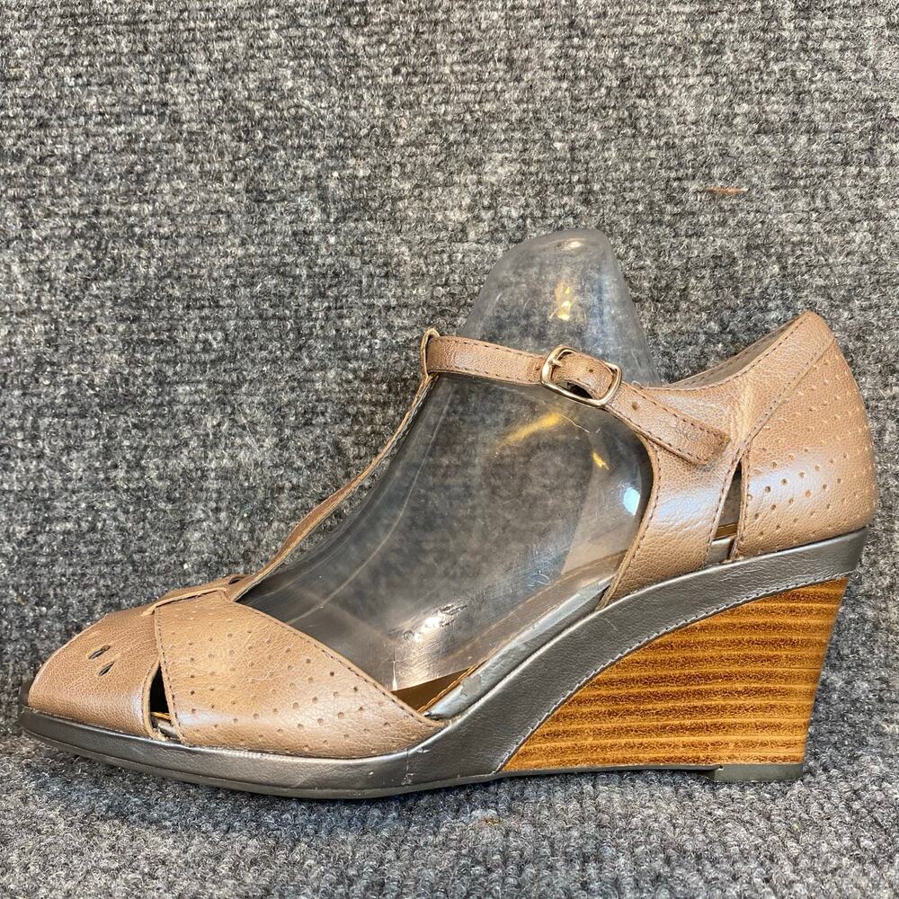 Clarks Womens 8 Bronze Silver Leather Cork Wedge T Strap Peep Toe Sandals